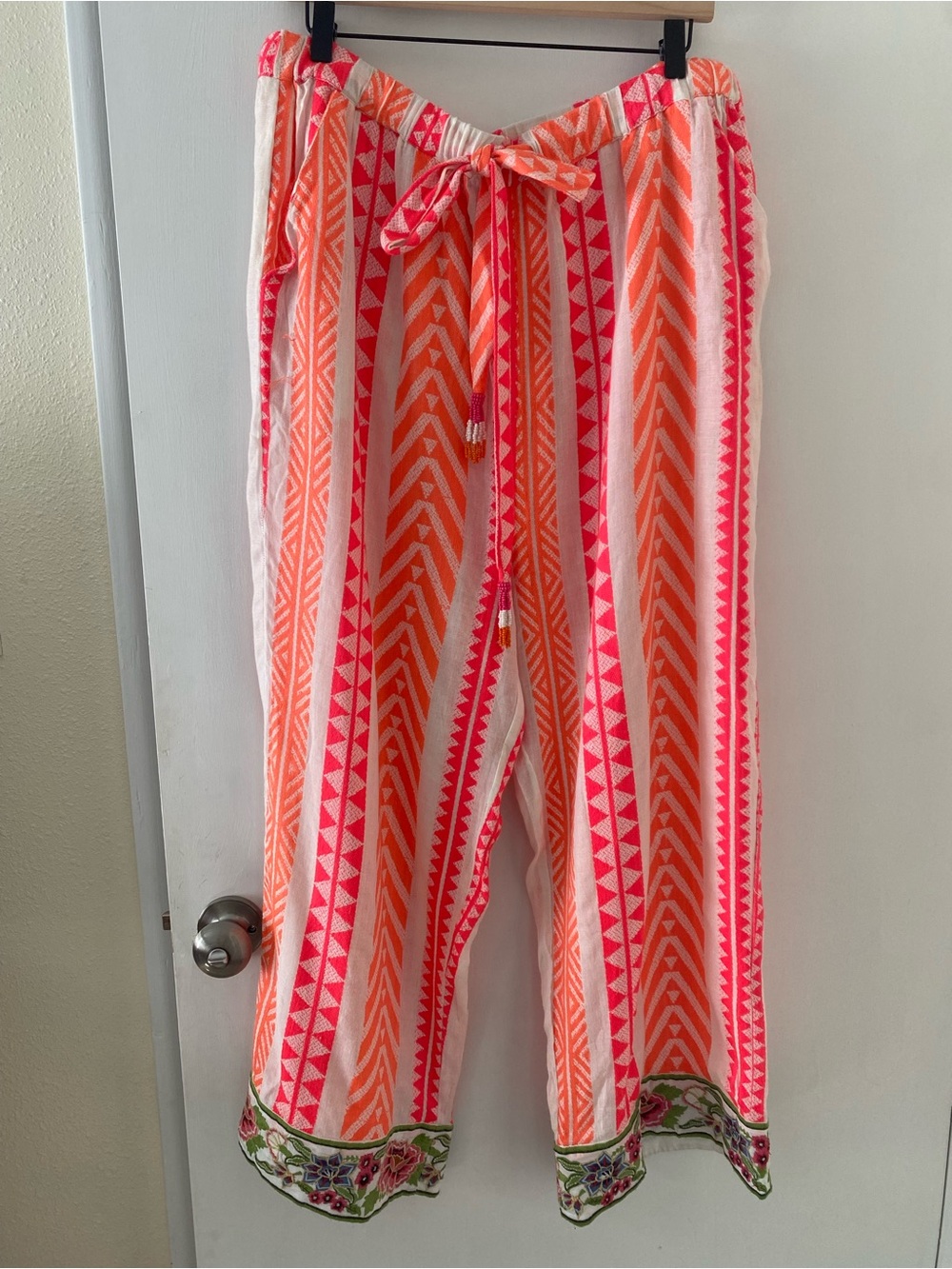 Farm Rio x Anthropologie Pants Geometric Pattern and Floral Embroidery *Flaws*